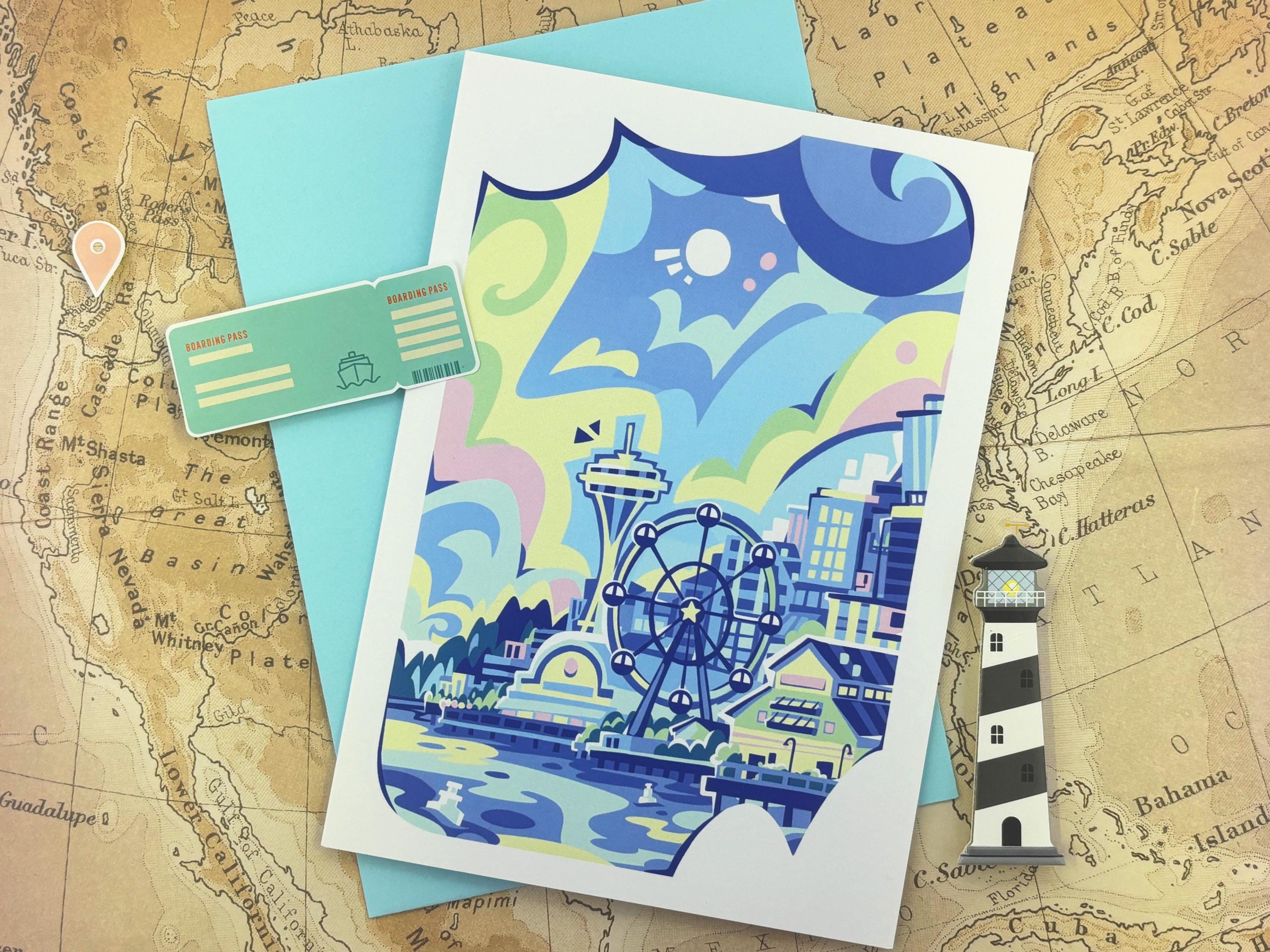 Seattle Skyline with Ferris Wheel and Space Needle Folded Greeting Card