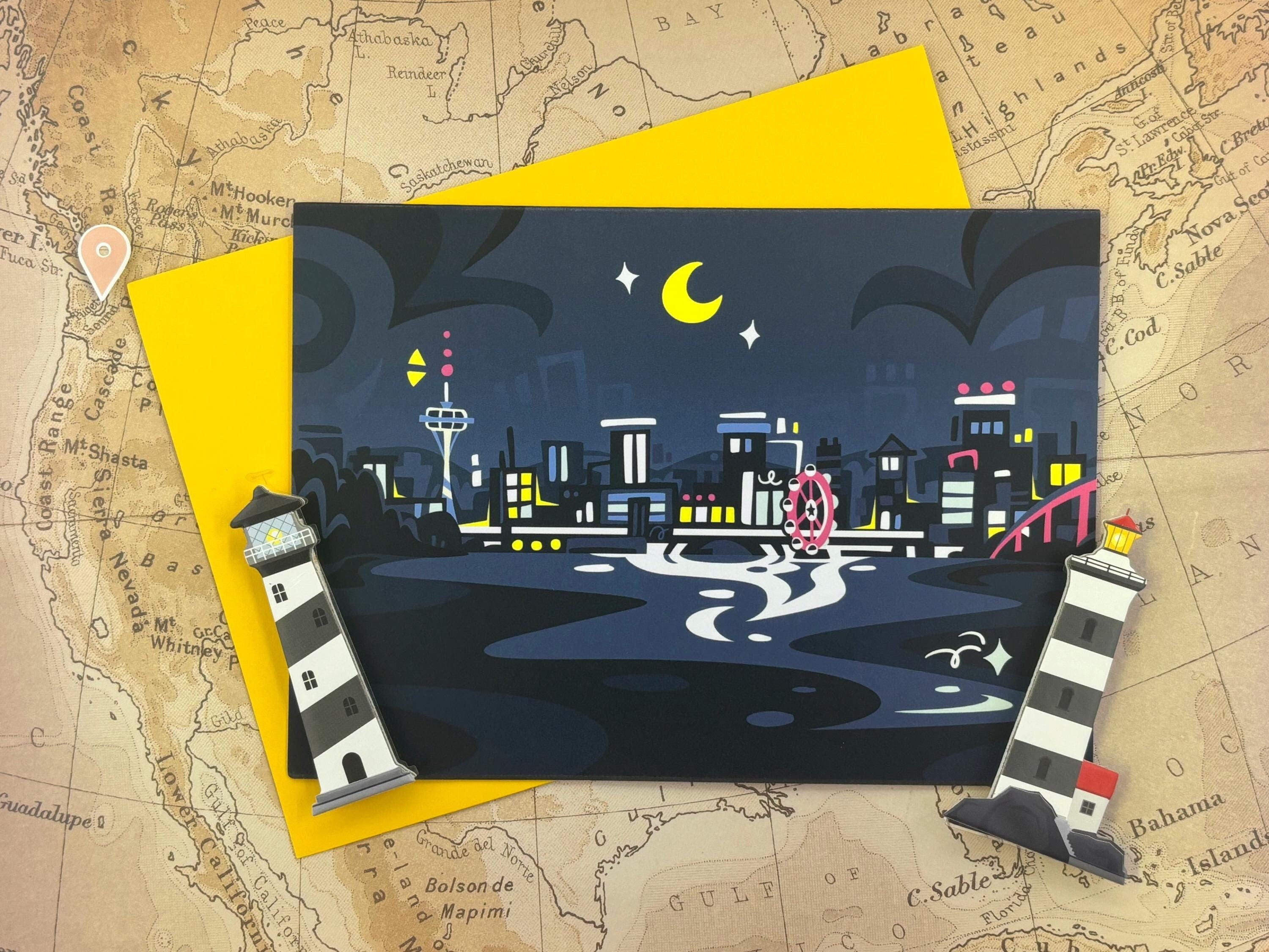 Seattle Skyline at Night Folded Greeting Card