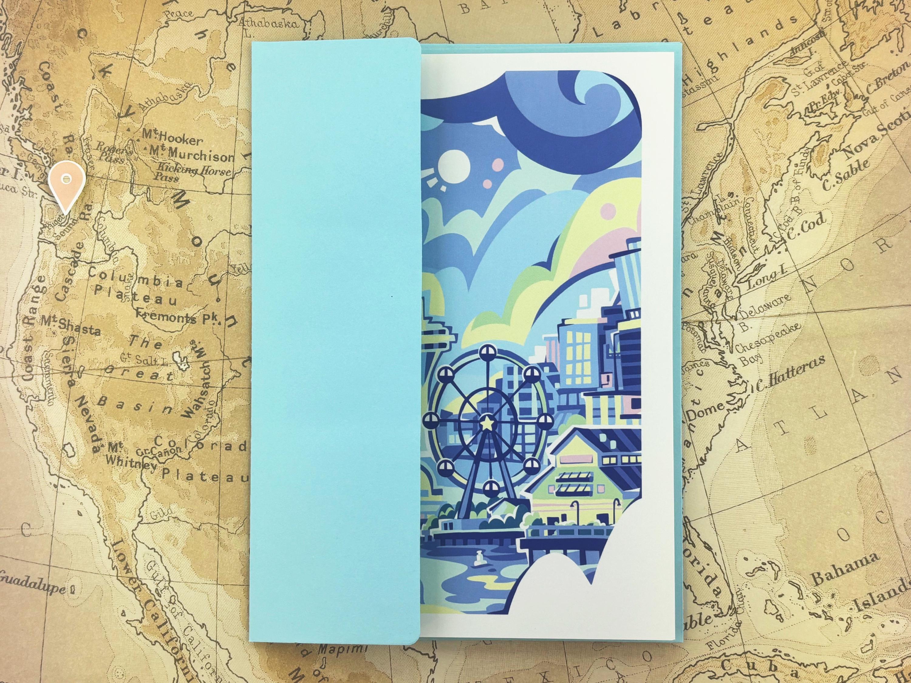 Seattle Skyline with Ferris Wheel and Space Needle Folded Greeting Card