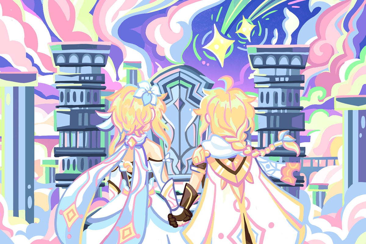 Genshin Impact Print Loading Screen Celestia Postcard Aether Lumine Traveler Poster