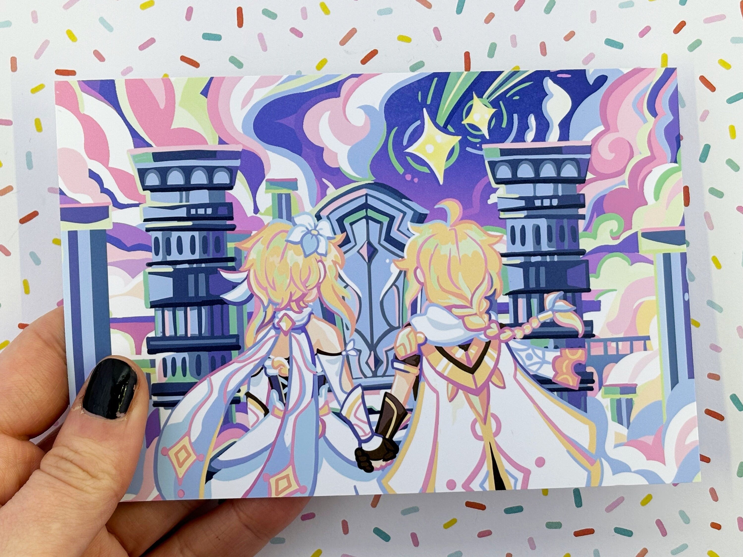 Genshin Impact Print Loading Screen Celestia Postcard Aether Lumine Traveler Poster