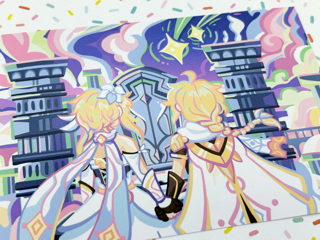 Genshin Impact Print Loading Screen Celestia Postcard Aether Lumine Traveler Poster