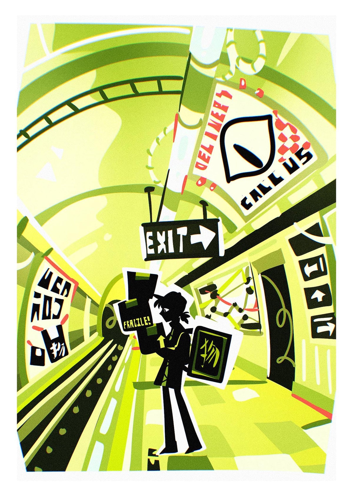 Subway Station - 5x7 Monochromatic Green Train Poster