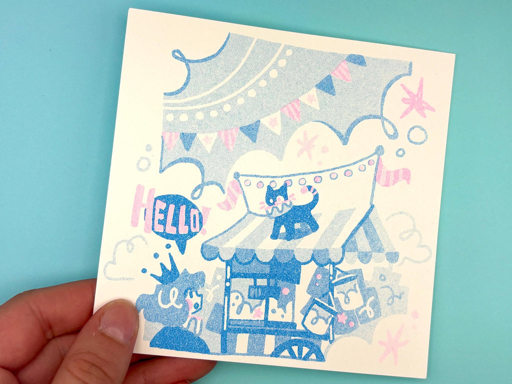 Whimsical Clown Risograph Print | Carnival Circus Cat & Princess