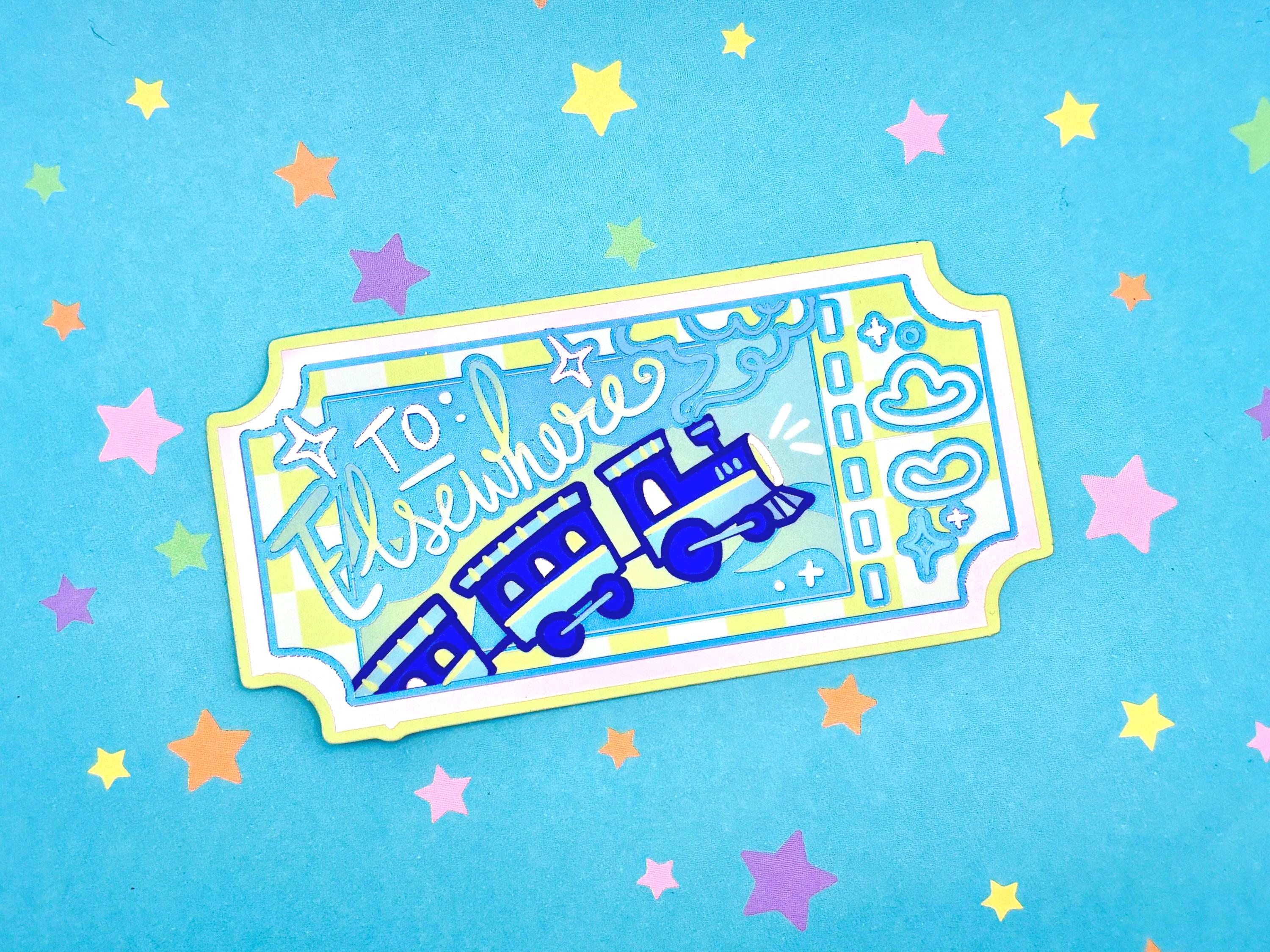 To Elsewhere Train Ticket Sticker | Sky Train Holographic Vinyl Die Cut |  Whimsical