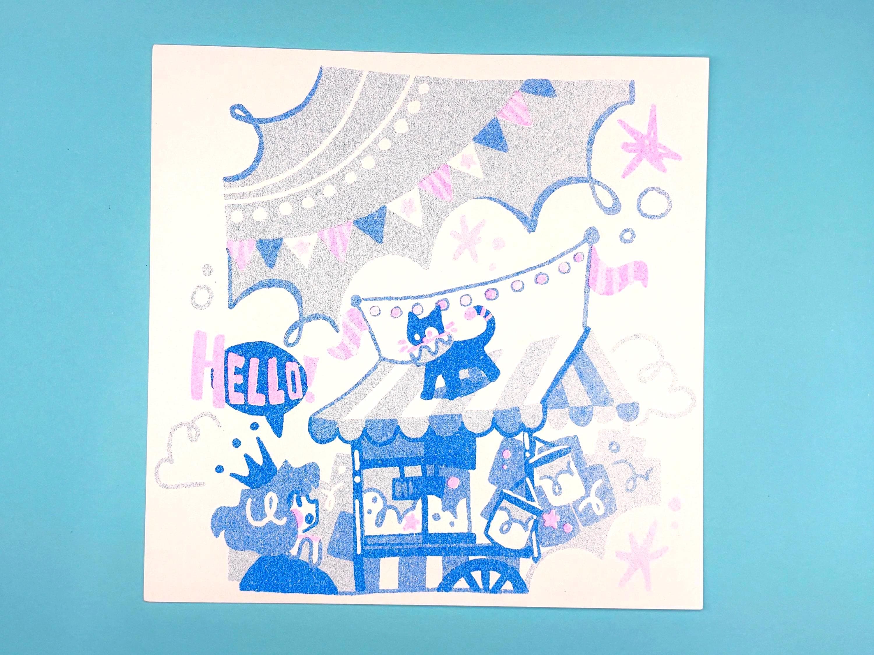 Whimsical Clown Risograph Print | Carnival Circus Cat & Princess