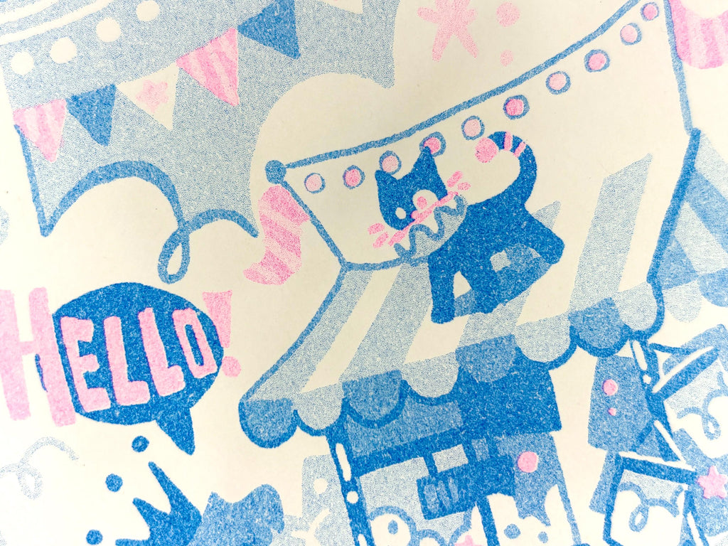 Whimsical Clown Risograph Print | Carnival Circus Cat & Princess
